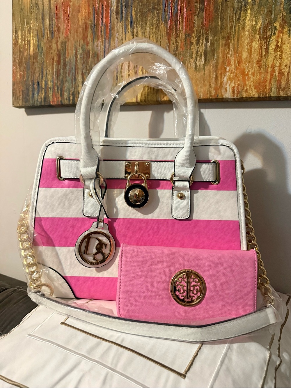 Pink & White Striped Satchel with Pink Wallet by - Picture 3 of 12